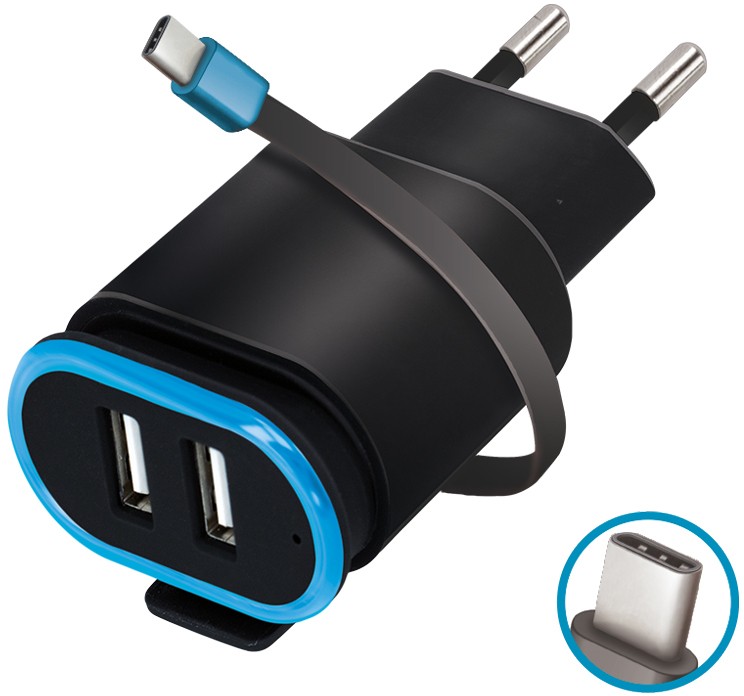 Incarcator USB Forever, TC-02, 2x 2.4A negru cu cablu USB-C